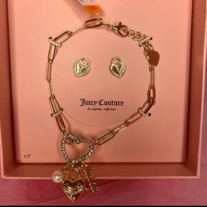 Juicy Couture Gold Charm Bracelet and Heart Locket Earring Set